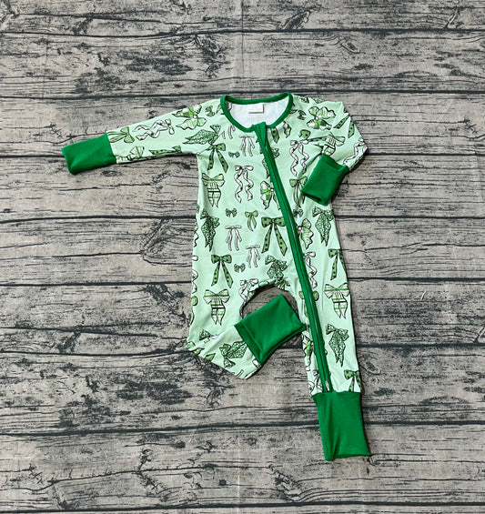 ( No moq ) Preorder Girls Kids Green Bows St. Patrick's Day Pajamas Zipper Romper