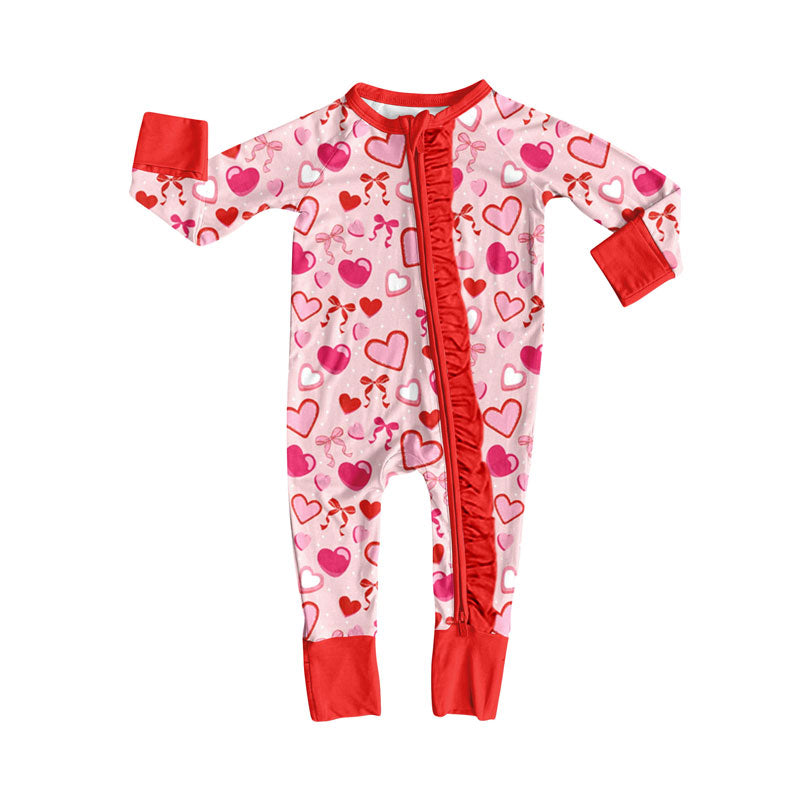 ( Moq 5 ) Preorder Girls Kids Hearts Bows Valentine's Day Pajamas Ruffle Zipper Romper