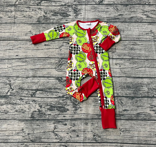 ( No moq ) Preorder Kids Infant Green Face Lights Christmas Zipper Pajamas Romper