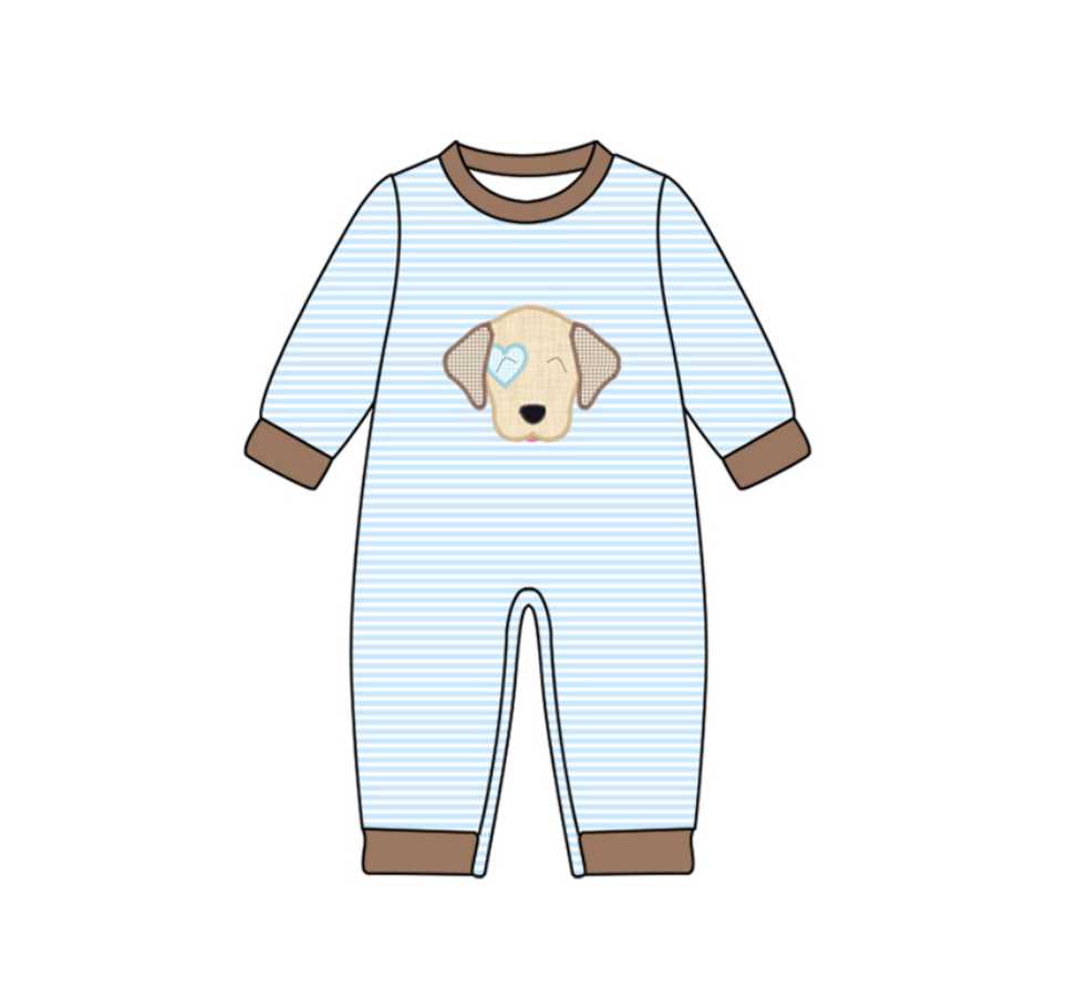 ( Moq 5 ) Preorder Boys Infant Dog Heart Blue Stripes Valentine's Day Romper