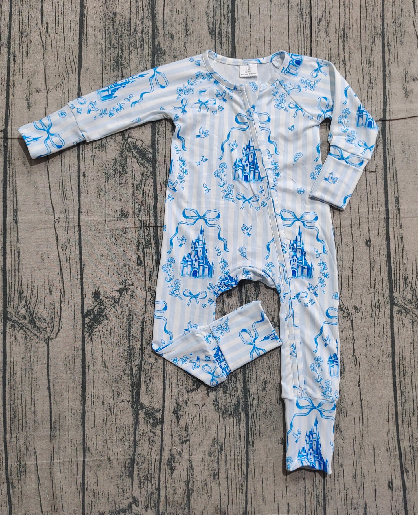 Baby Girls Infant Long Sleeves Bows Castle Blue Zipper Sleeper Romper RTS
