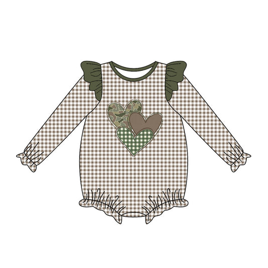( Moq 5 ) Preorder Girls Infant Long Sleeves Camo Plaid Hearts Valentine's Day Ruffle Bubble