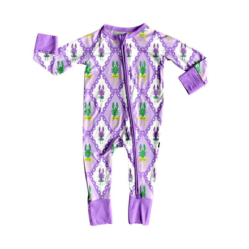 ( Moq 5 ) Preorder Girls Infant Long Sleeves Mardi Gras Crayfish Purple Zipper Sleeper Romper