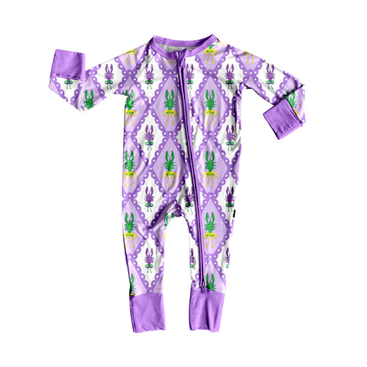 ( Moq 5 ) Preorder Girls Infant Long Sleeves Mardi Gras Crayfish Purple Zipper Sleeper Romper