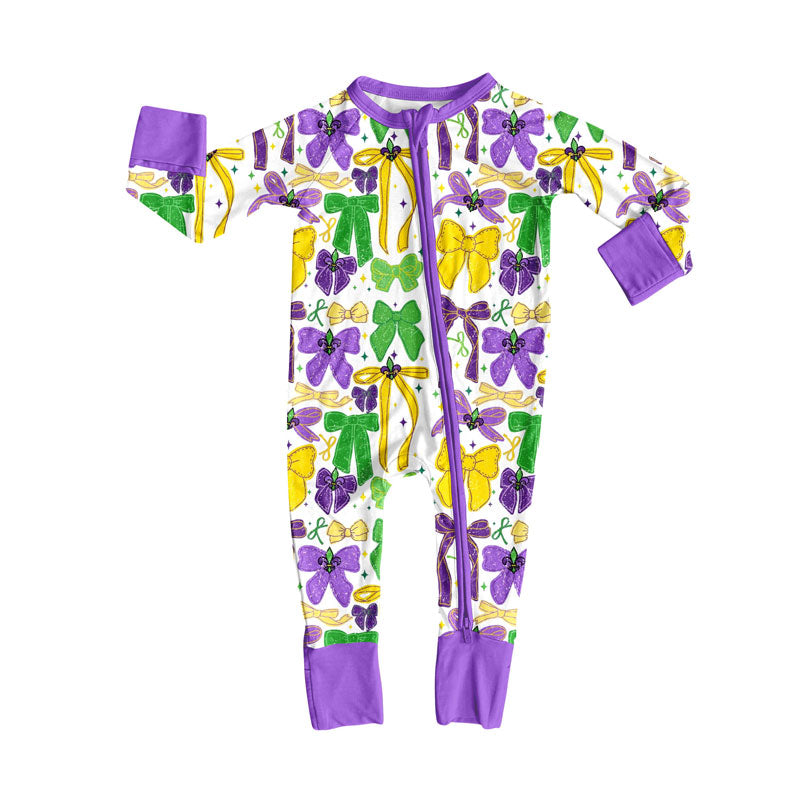 ( Moq 5 ) Preorder Girls Infant Long Sleeves Bows Purple Zipper Mardi Gras Sleeper Romper