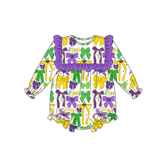 ( Moq 5 ) Preorder Girls Infant Long Sleeves Bows Purple Ruffle Mardi Gras Bubble Romper