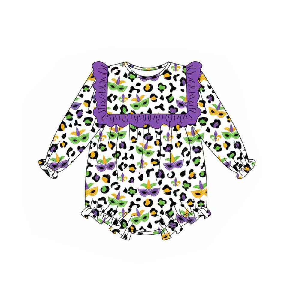 ( Moq 5 ) Baby Girls Infant Masks Leopard Purple Ruffle Bubble Mardi Gras Romper