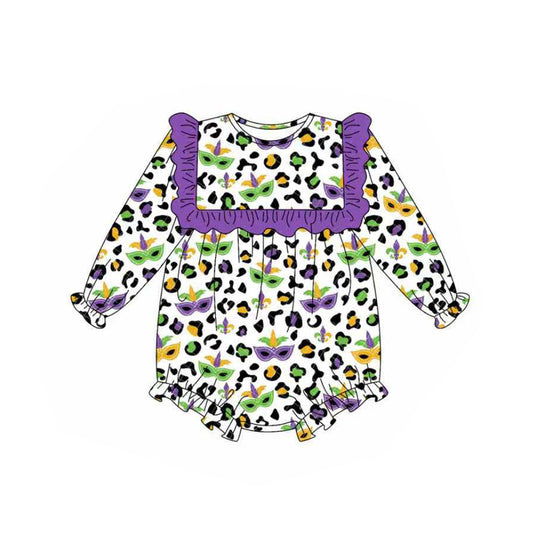 ( Moq 5 ) Baby Girls Infant Masks Leopard Purple Ruffle Bubble Mardi Gras Romper