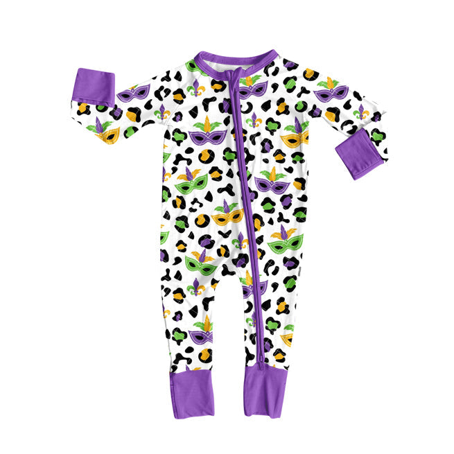 ( Moq 5 ) Baby Girls Infant Masks Leopard Purple Zipper Mardi Gras Sleeper Romper