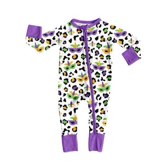 ( Moq 5 ) Baby Girls Infant Masks Leopard Purple Zipper Mardi Gras Sleeper Romper