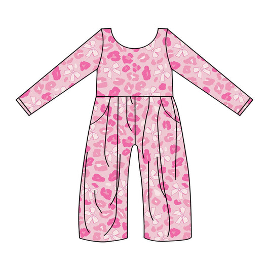 ( Moq 5 ) Preorder Girls Kids Long Sleeves Leopard Bows Valentine's Pockets Jumpsuit