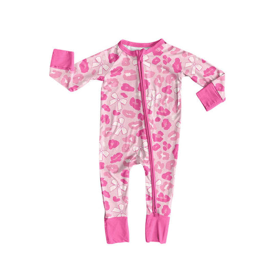( Moq 5 ) Preorder Baby Girls Infant Long Sleeves Leopard Bows Valentine's Zipper Romper