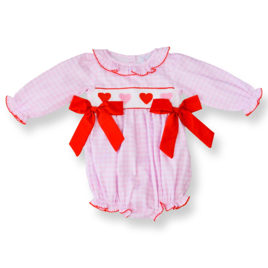 ( Moq 5 ) Preorder Girls Infant Long Sleeves Hearts Bows Plaid Valentine's Day Bubble Romper