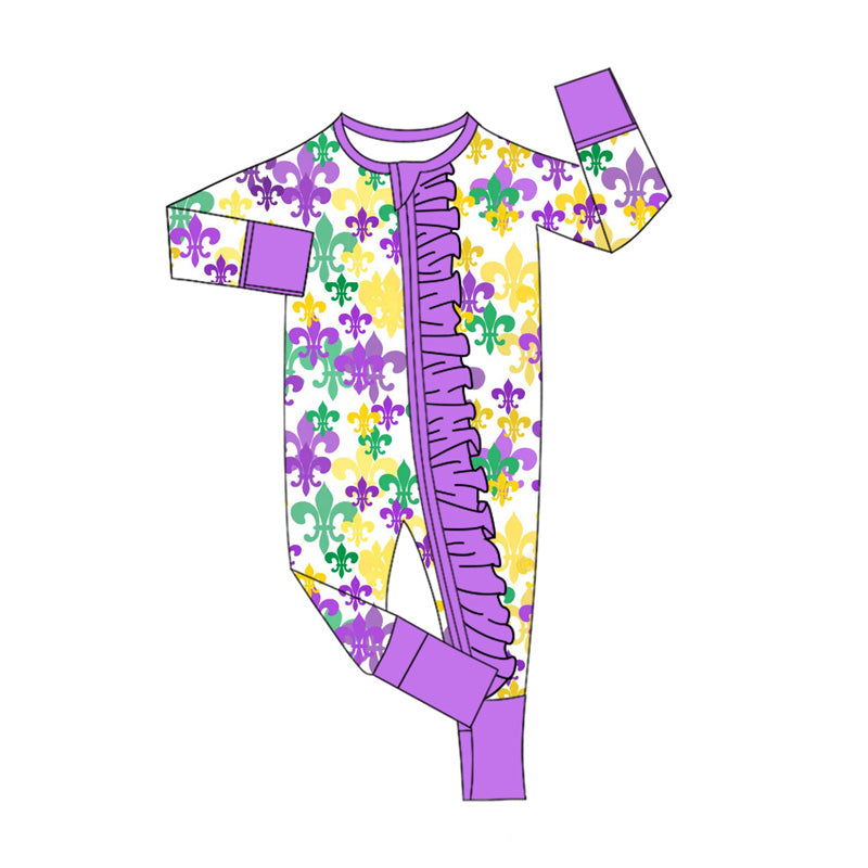( Moq 5 ) Preorder Girls Infant Long Sleeves Anchors Mardi Gras Purple Ruffle Zipper Footie Romper