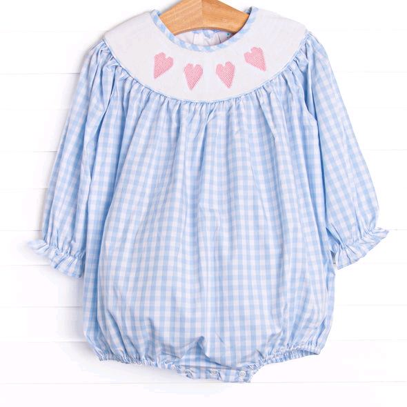 ( Moq 5 ) Preorder Girls Kids Long Sleeves Hearts Blue Plaid Valentine's Day Bubble Romper