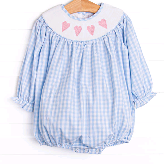 ( Moq 5 ) Preorder Girls Kids Long Sleeves Hearts Blue Plaid Valentine's Day Bubble Romper