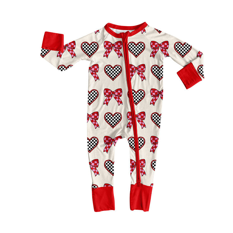 ( Moq 5 ) Preorder Girls Infant Plaid Heart Bows Valentine's Day Zipper Sleeper Romper