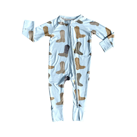 ( Moq 5 ) Preorder Boys Infant Long Sleeves Western Boots Blue Zipper Sleeper Romper