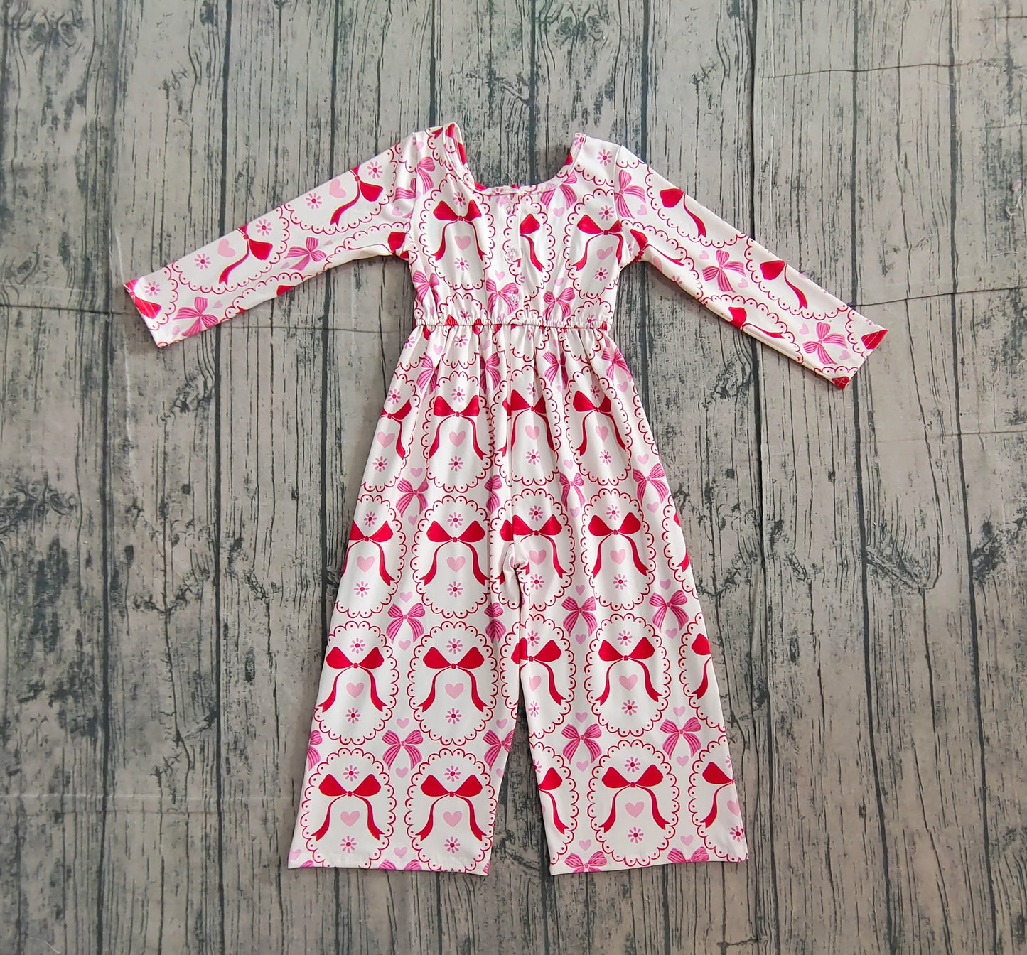 Baby Girls Kids Long Sleeves Bows Hearts Valentine's Day Jumpsuit RTS