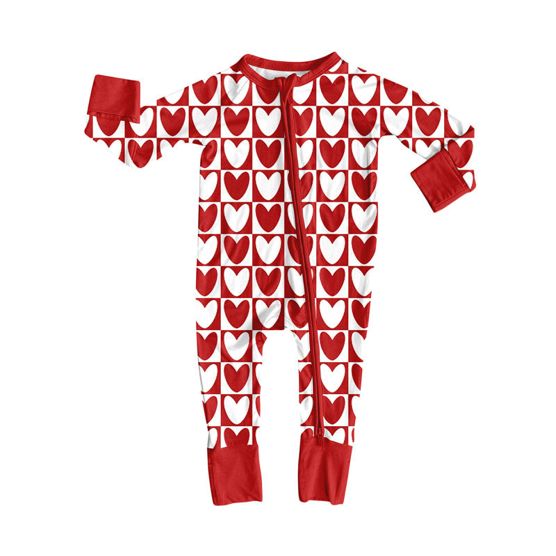 ( Moq 5 ) Preorder Girls Infant Hearts Plaid Valentine's Day Zipper Sleeper Romper