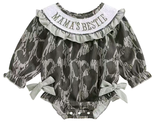 ( Moq 5 ) Preorder Girls Infant Long Sleeves Mama's Bestie Camo Bows Bubble Romper