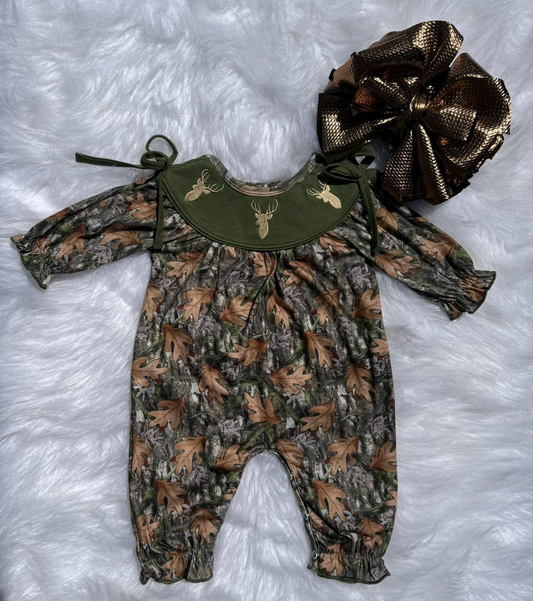 ( Moq 5 ) Preorder Girls Infant Long Sleeves Deer Camo Bows Buttons Romper