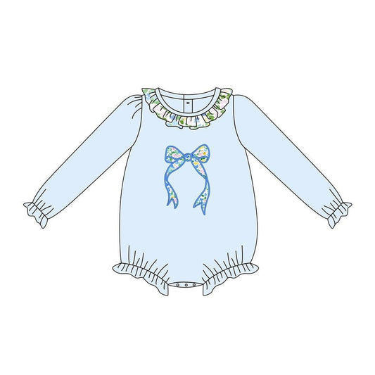 ( Moq 5 ) Preorder Girls Infant Long Sleeves Floral Bow Ruffle Blue Bubble Romper