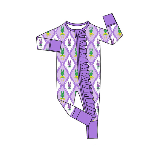 ( Moq 5 ) Preorder Girls Infant Long Sleeves Crawfish Mardi Gras Purple Zipper Sleeper Romper