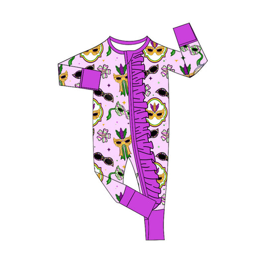 ( Moq 5 ) Preorder Girls Infant Long Sleeves Masks Bows Mardi Gras Zipper Sleeper Romper