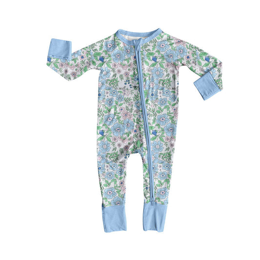 ( Moq 5 ) Preorder Girls Kids Long Sleeves Blue Pink Flower Zipper Sleeper Romper