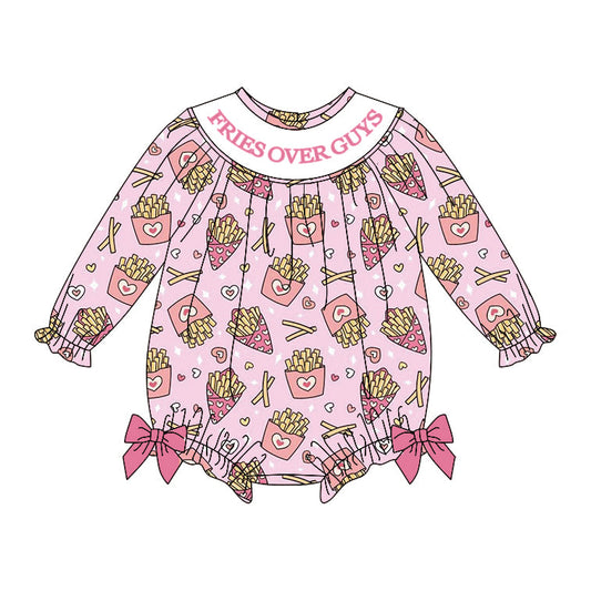 ( Moq 5 ) Preorder Girls Infant Long Sleeves Fries Over Guys Hears Bows Valentine's Day Bubble Romper