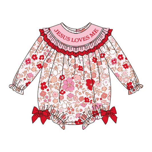 ( Moq 5 ) Preorder Girls Infant Long Sleeves Jesus Loves Me Flower Bows Bubble Romper