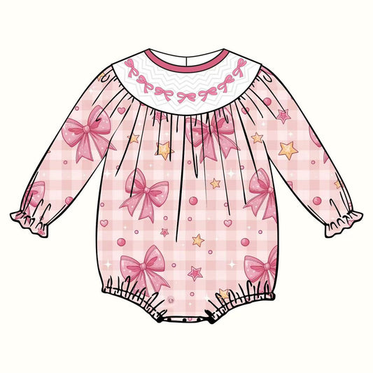 ( Moq 5 ) Preorder Girls Infant Long Sleeves Bows Stars Plaid Bubble Romper