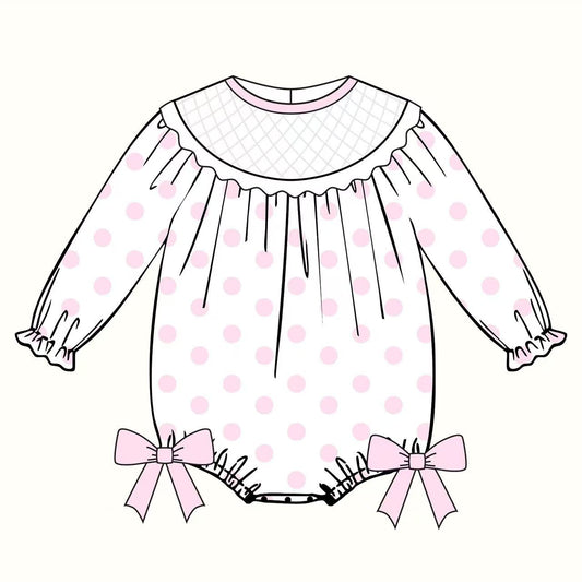 ( Moq 5 ) Preorder Girls Infant Long Sleeves Pink Dots Bows Bubble Romper