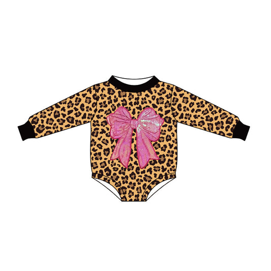 ( Moq 5 ) Preorder Baby Girls Infant Long Sleeve Leopard Bow Bubble Romper