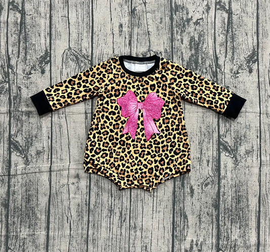( No moq ) Preorder Baby Girls Infant Long Sleeve Leopard Bow Bubble Romper