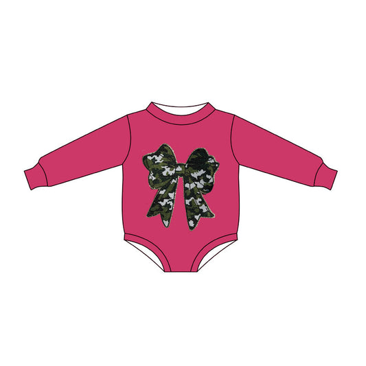 ( Moq 5 ) Preorder Baby Girls Infant Pink Long Sleeve Camo Bow Bubble Romper
