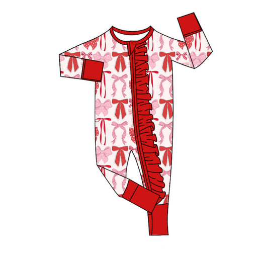 ( Moq 5 ) Preorder Girls Infant Long Sleeves Hearts Bows Ruffle Zipper Valentine  Romper