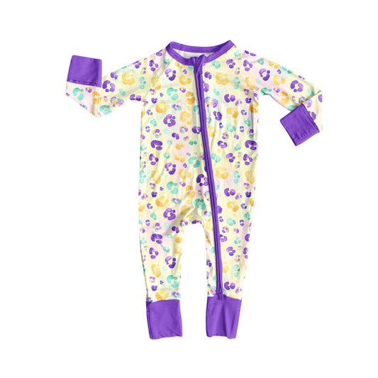 ( Moq 5 ) Preorder Girls Infant Long Sleeves Leopard Mardi Gras Purple Zipper Romper