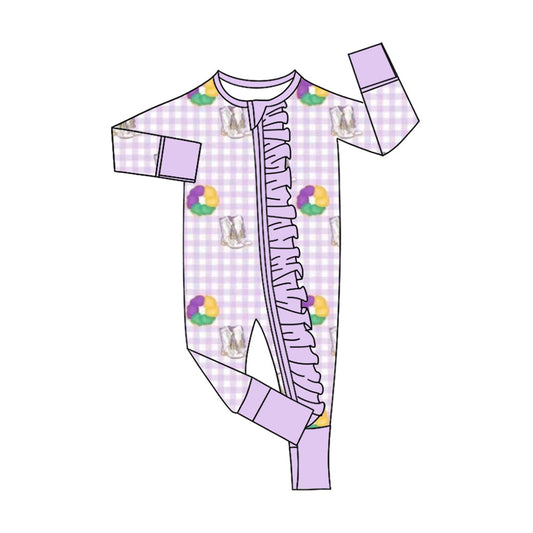 ( Moq 5 ) Preorder Girls Infant Long Sleeves Donuts Boots Mardi Gras Purple Zipper Romper