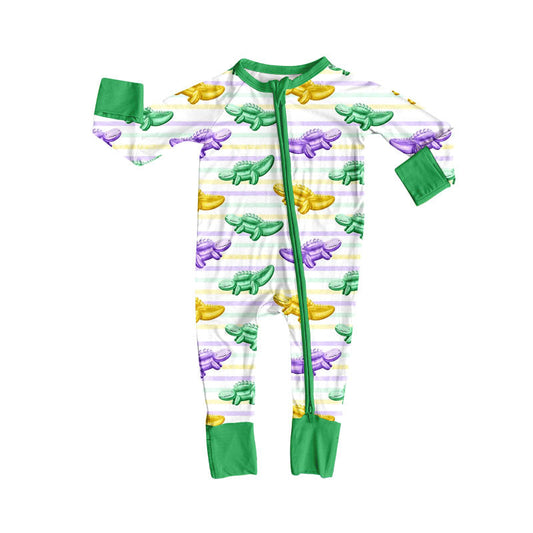 ( Moq 5 ) Preorder Girls Infant Long Sleeves Crocodiles Mardi Gras Zipper Romper