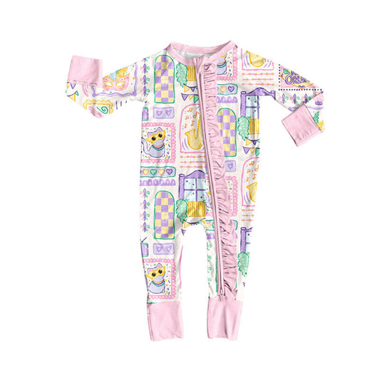 ( Moq 5 ) Preorder Girls Infant Long Sleeves Masks Mardi Gras Ruffle Zipper Sleeper Romper