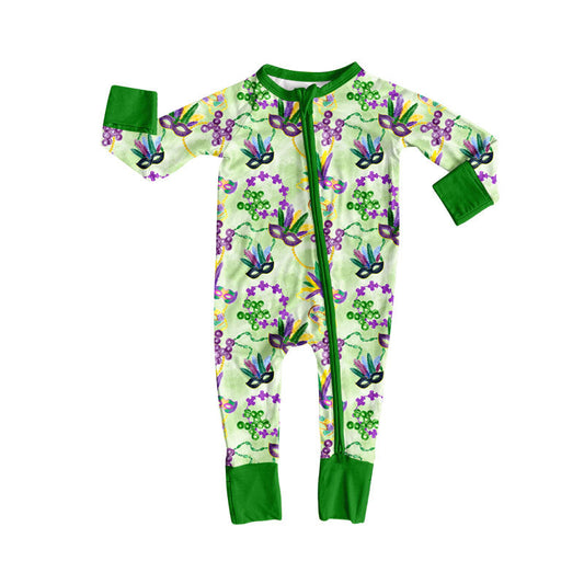 ( Moq 5 ) Preorder Girls Infant Long Sleeves Masks Mardi Gras Zipper Sleeper Green Romper