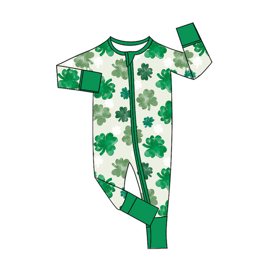 ( Moq 5 ) Preorder Baby Infant Long Sleeves Clovers St Patrick Green Zipper Sleeper Romper