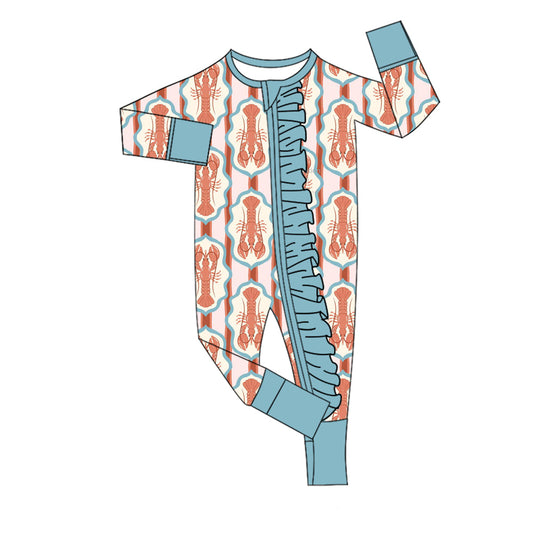 ( Moq 5 ) Preorder Baby Girls Infant Long Sleeves Crawfish Ruffle Zipper Sleeper Romper