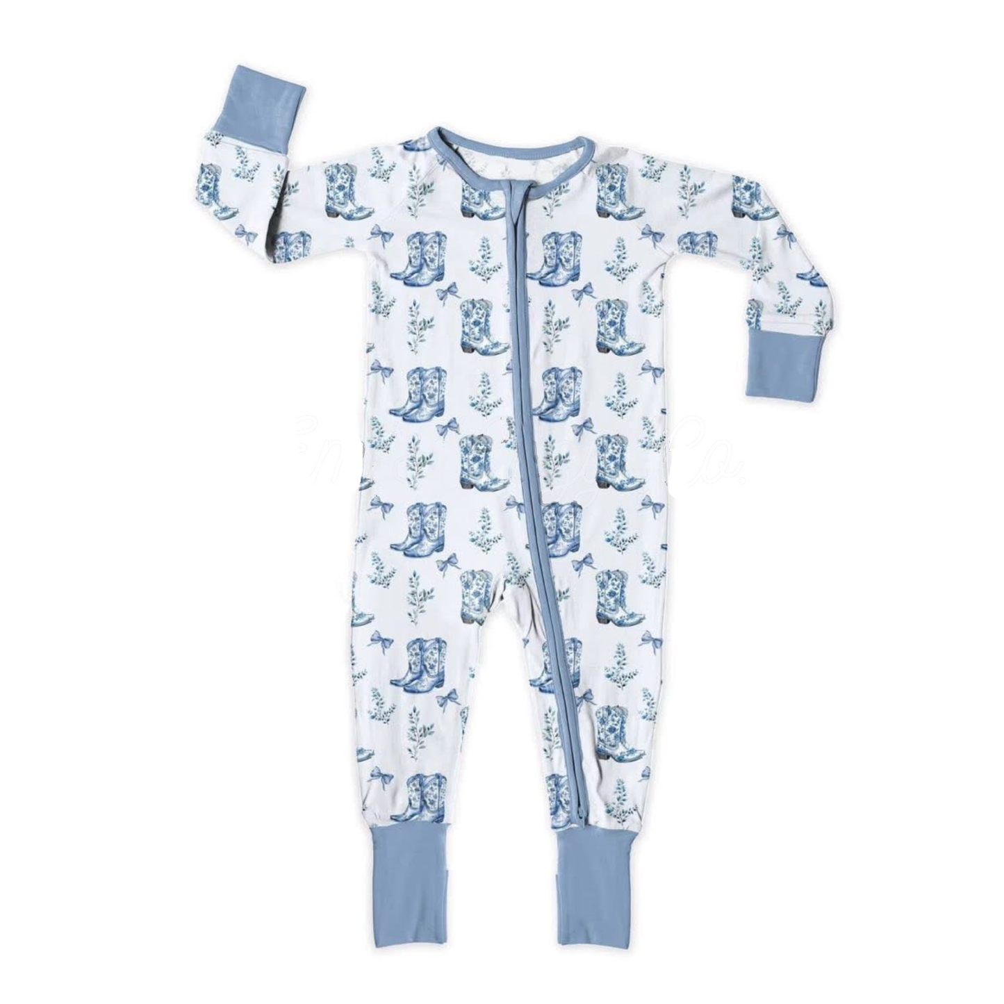 ( Moq 5 ) Preorder Baby Girls Infant Boots Bows Floral Blue Zipper Footie Sleeper Romper