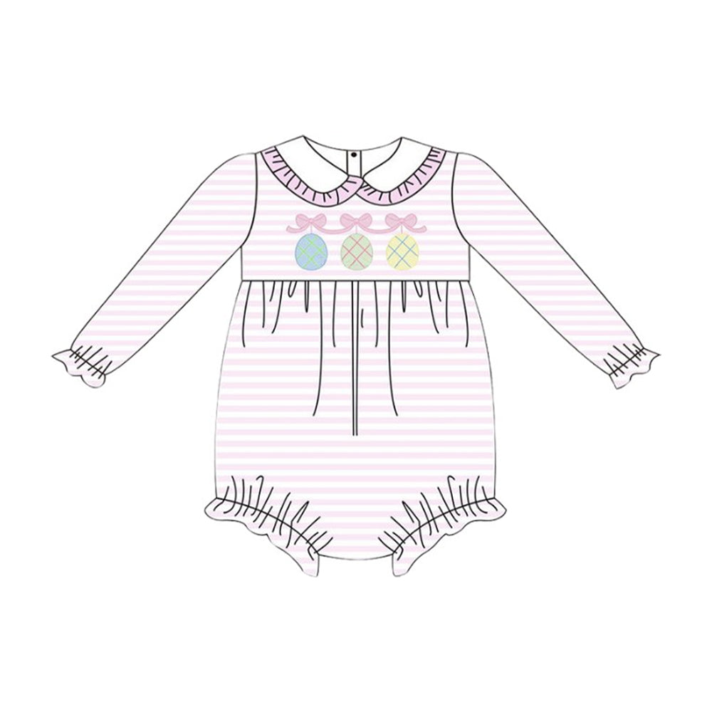 ( Moq 5 ) Preorder Baby Girls Infant Eggs Bows Pink Stripes Easter Bubble Romper