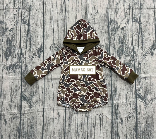 ( No moq ) Preorder Baby Boys Infant Embroidery Mama's Boy Camo Green Hoodie Bubble Romper