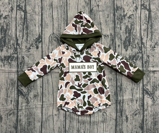 ( No moq ) Preorder Baby Boys Embroidery Mama's Boy Hoodie Ducks Dogs Camo Bubble Romper