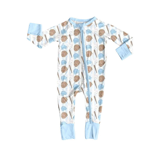 ( Moq 5 ) Preorder Baby Boys Long Sleeves Baseball Blue Zipper Footie Sleeper Romper